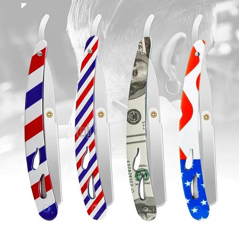 Men Classic Barber Manual Folding Beard Razor Stripes US Flag Dollar Print Stainless Steel Shaving Knife Hair Removal Tools WithM240814