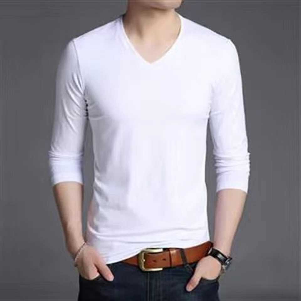 Pullover Men T-shirt Solid Color Spring Summer Tee V-Neck Basic Casual Fashion Long Sleeve Male Polyester S-5XLM240814
