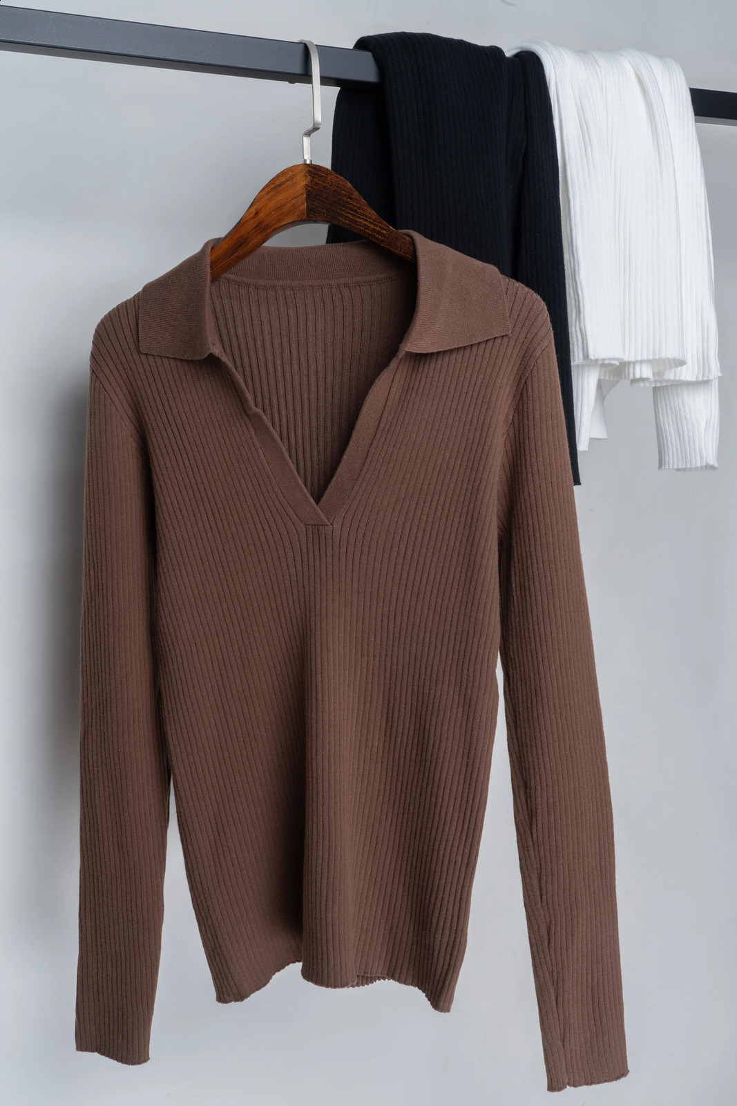 Cotton knitted polo shirt for women V-neck sweater with collar long sleeved ribbed top 240827