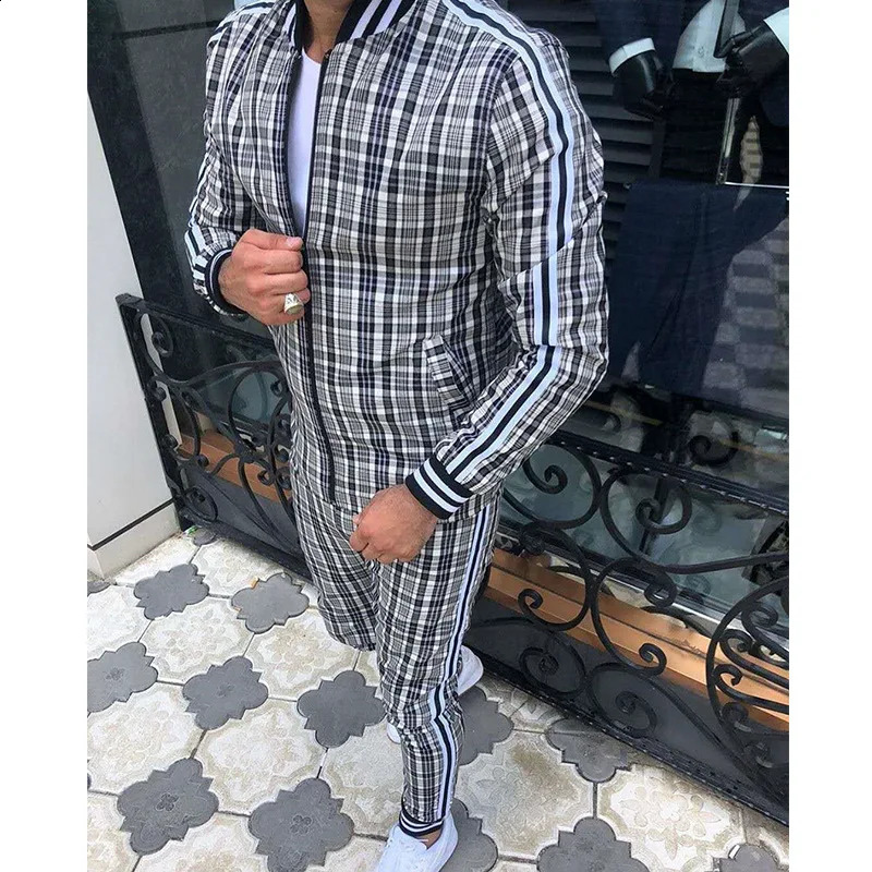 Plaid Tracksuit Mens Sets Gentleman Jacket Sportswear Male Sports Suit 3D Print 2 Piece Set Sweatpants Chandals Man Clothes 240814