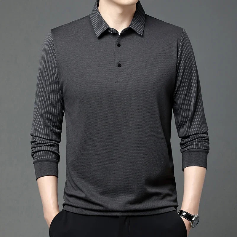 mens casual solid color long sleeved Polo shirt Fashion solid color lapel top 240814