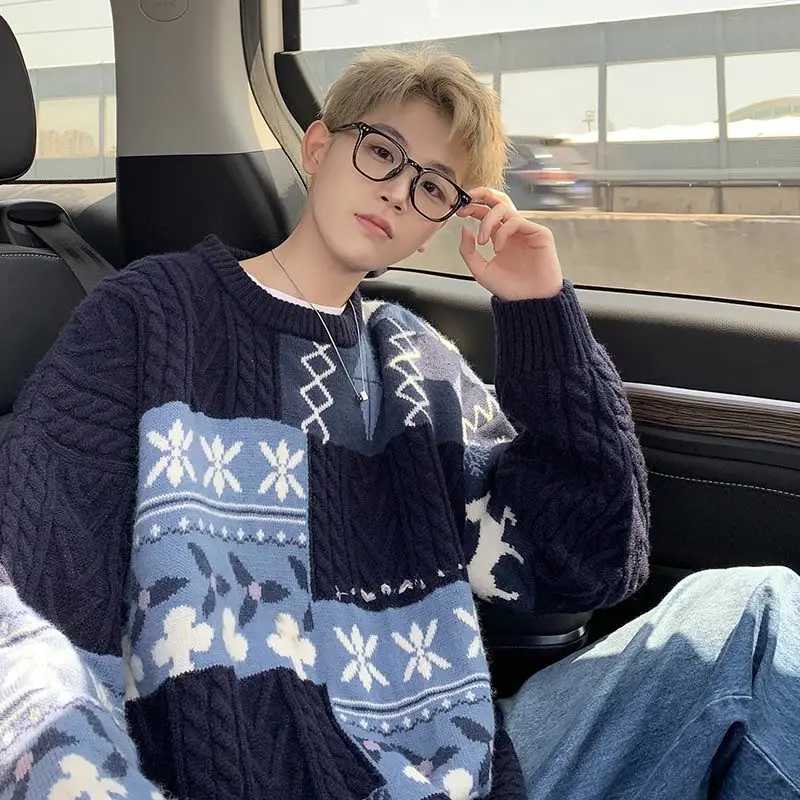 Korean lightweight brown sweater lazy high-end mens autumn and winter loose mens knitted jacket oversized topW240729