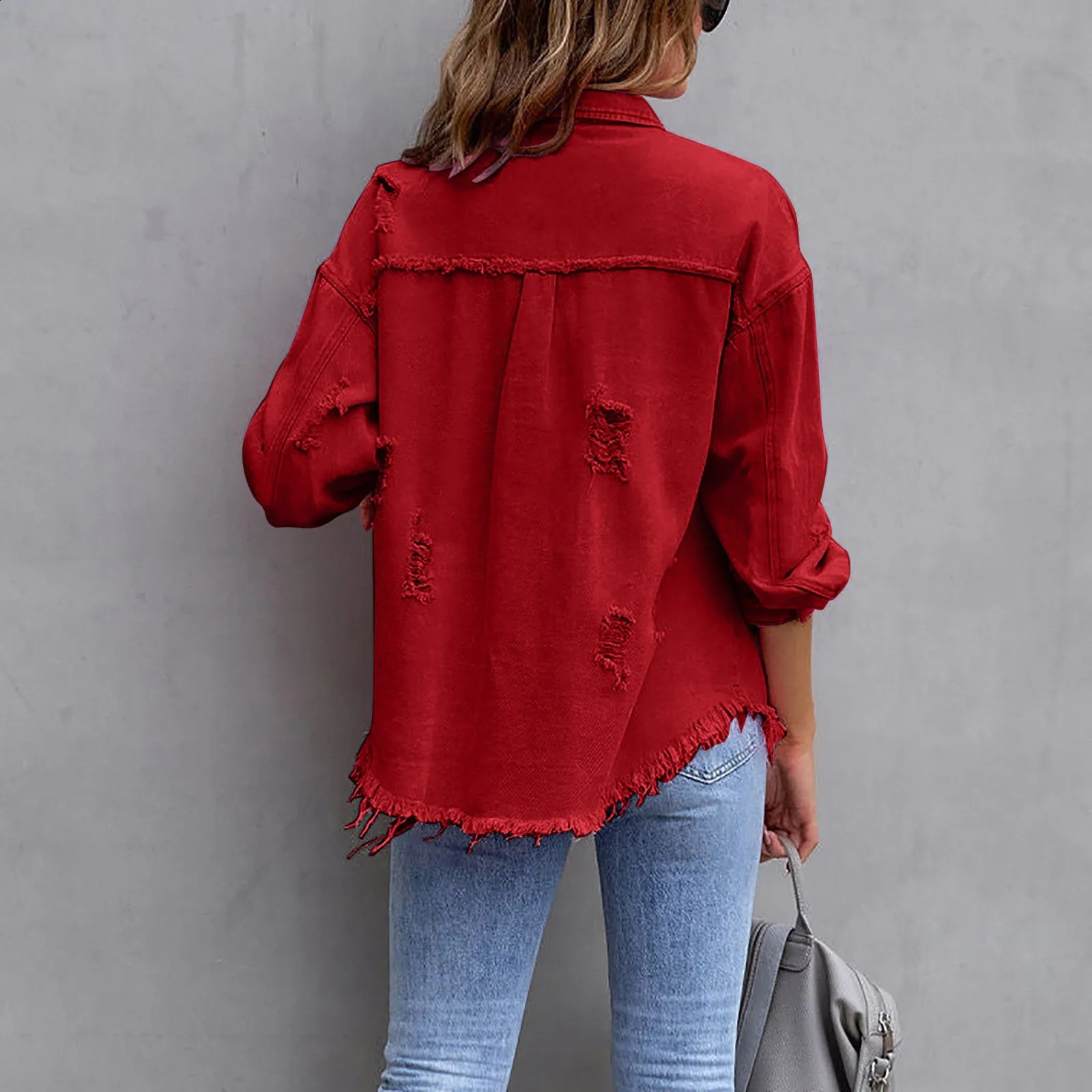 Fall Basics Women Womens Autumn Spring Oversized Denim Jacket Casual Long Boyfriend Distressed Jean Jacket 240814
