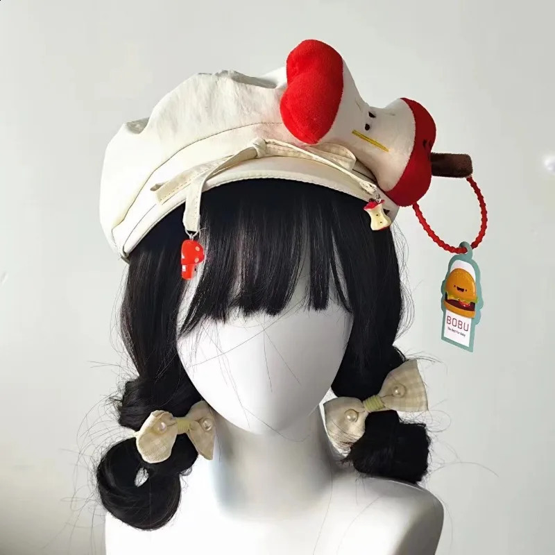 Japanese Kawaii Apple Decoration Beret Hat for Women Sweet Cute Y2k Lolita JK Girls Student Vintage Artist Painter Beige Bow Cap 240805