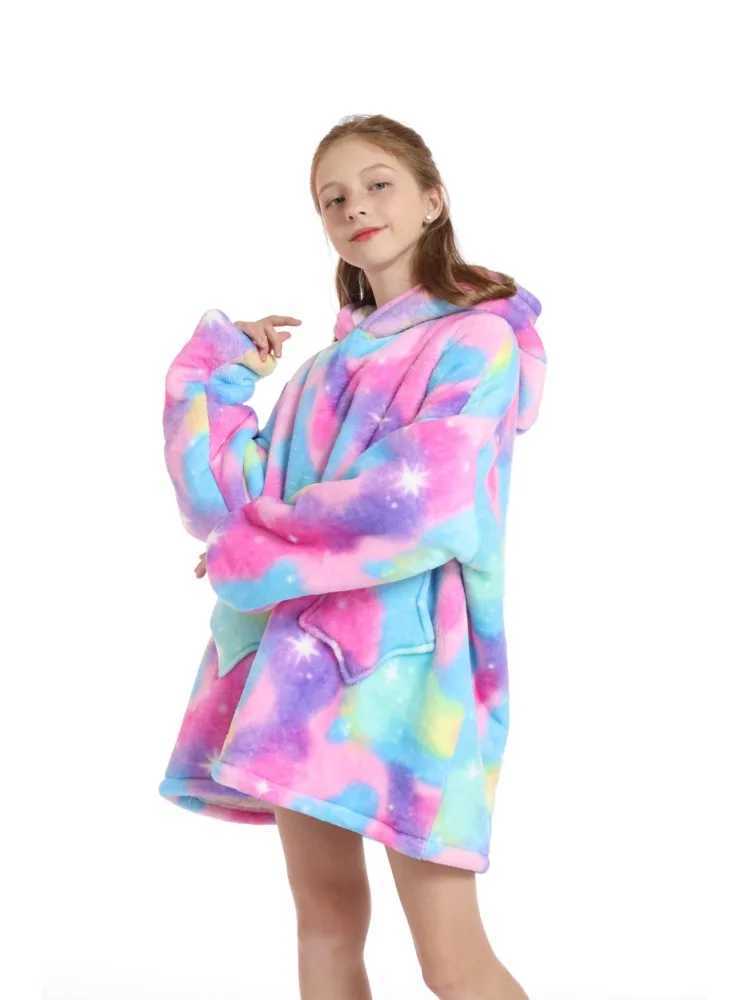 Tie Dye Unicorn Kigurumi Oversized Hoodie Childrens Super Warm Winter Clothes Kids One Piece Hooded Sweatshirts TV BlanketsY240814