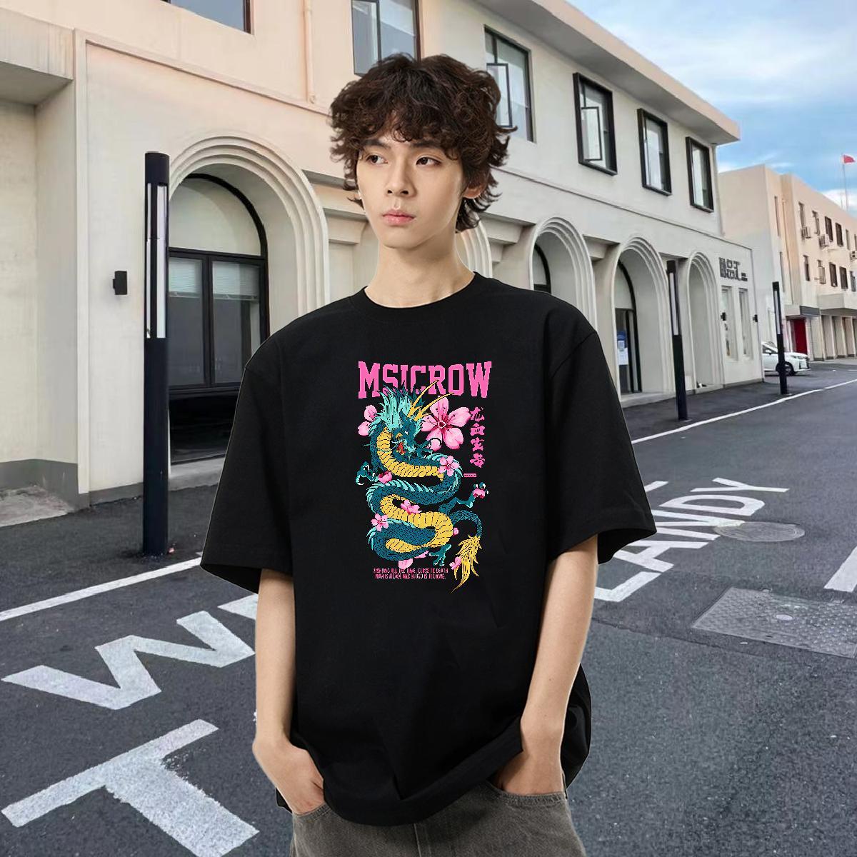 Loose Tshirt for Man Woman Hip Hop Street 230g Pure Cotton Cartoon Printing L-4XL O-Neck Short Sleeve dragon Man T Shirts 2024 Tops