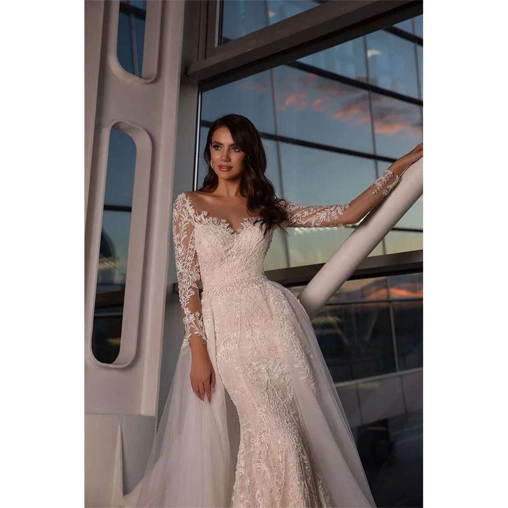 Wedding Crystal Dresses Bridal Gowns Lace Appliqued Beaded V Neck Long Sleeve Tiered Ruffles Vestido De Noiva estido