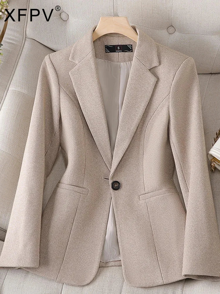 XFPV Womens Korean Turn-down Collar High-end Casual Single Button Slim Long Sleeve Blazer Fashion Winter Autumn 2024 SM8560 240813