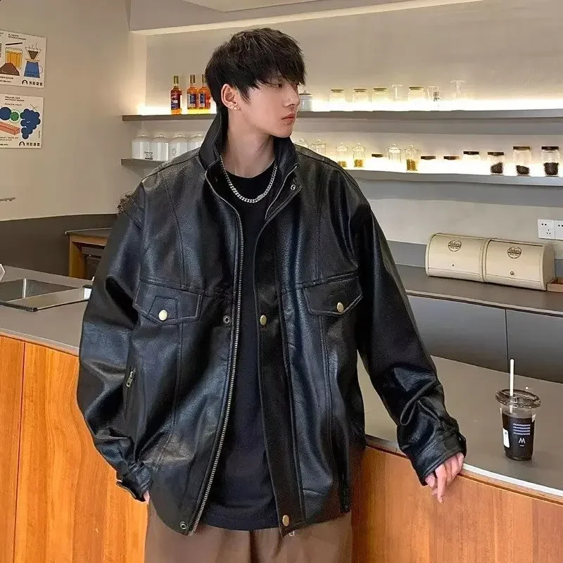 Trendy Black Motorcycle Jacket For Men Casual Stand Collar Leather Biker Riding Gear Lightweight Loose Fit Cropped Jacket 240814