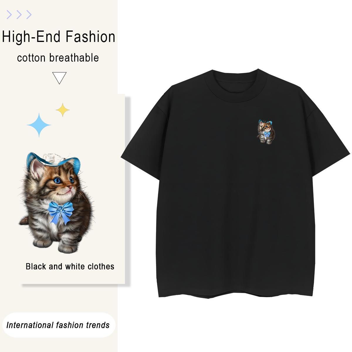 T Shirt For Man 100% Cotton 230g cat Hip Hop Street Breathable Short Sleeve DIY Printed Mens Tshirts New Comfortable Tops