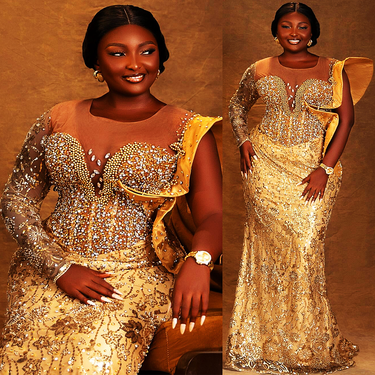 2024 Plus Size Gold Mermaid Prom Dress Lacefull Promdress Beaded Crystals Lace Evening Formal Party Second Reception Birthday Engagement Gowns Dresses