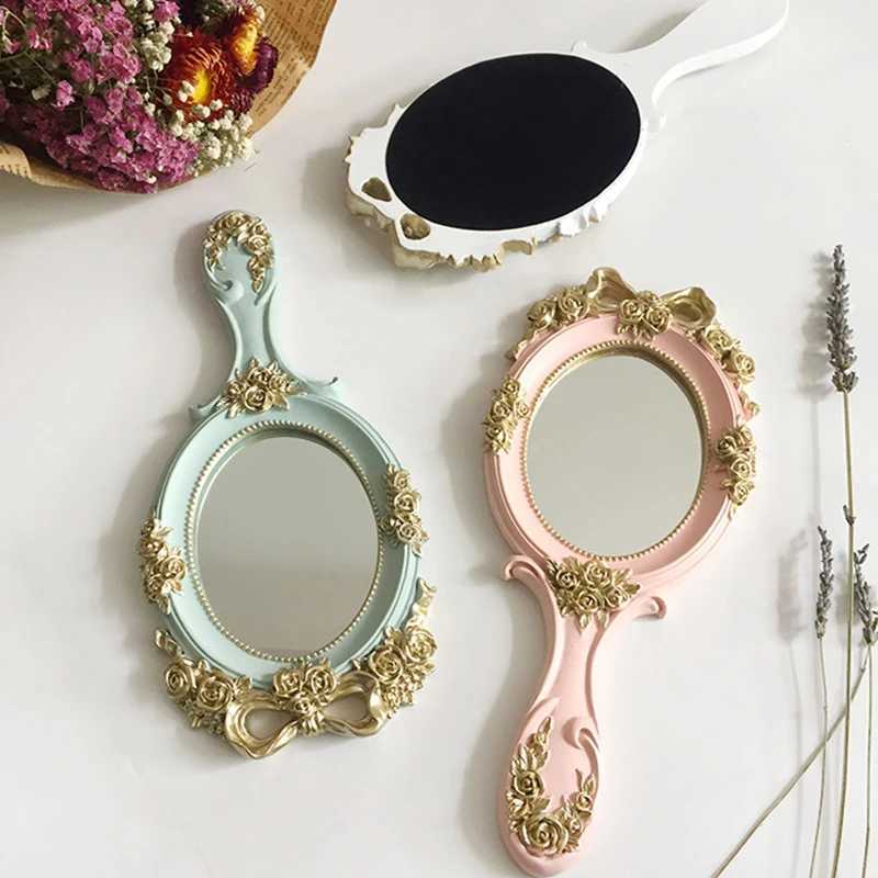 European Palace style retro handheld rose mirror princess girl oval makeup and makeup tool with anti slip handle W240813