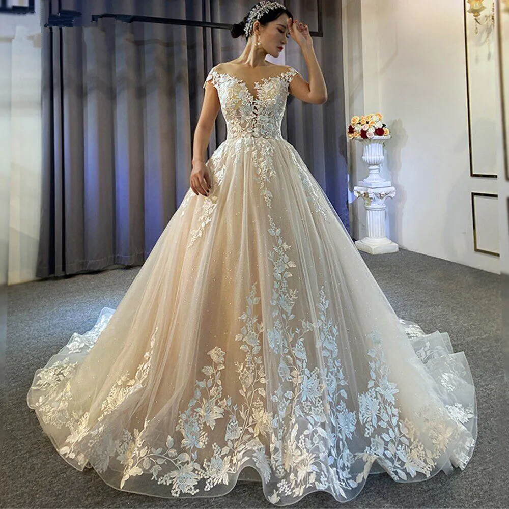 Glamorous Tulle Wedding Gown For Bride Ball Gown Lace Appliques Scoop Neck Robe De Mariee Made To Order