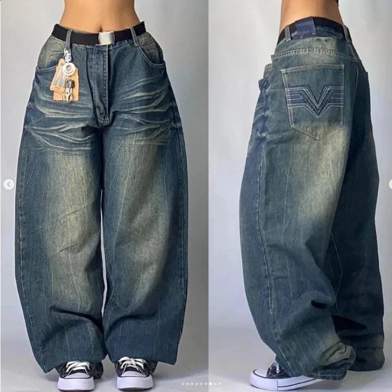 Jeans Harajuku Retro Solid Color Loose Jeans Ladies Y2K Blue Pants Woman Punk Rock Hip Hop Gothic Wide-Leg Pants Streetwear 240813
