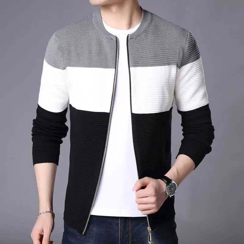 Knitted sweater mens coat mens clothing splicing zipper open zipper jacket plus size sales spring and autumn sweater collarW240729