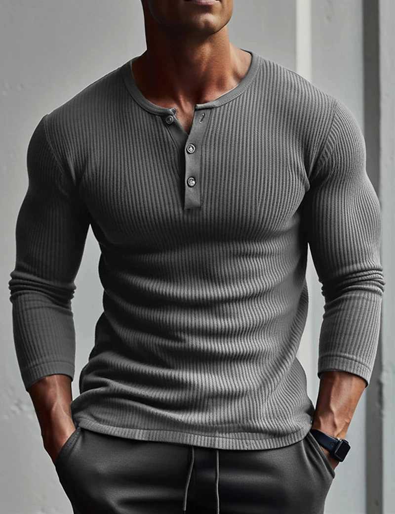2024 New Long Sleeve polyester T-shirt Mens Breathable Thin Fabric Casual T-shirt Spring autum Henry-Neck Basic Tee Tops ManM240814