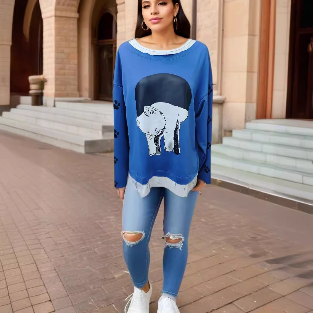 Fake two long sleeved printed T-shirts, blue top, loose and versatile round neck base shirt, trendy d76e4
