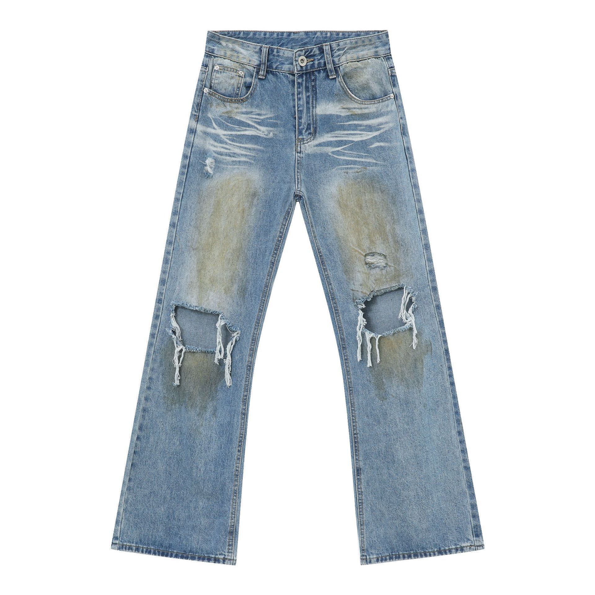 24ss Four Seasons New Product Street Trendy Waste Soil Style Doing Old Broken Hole Jeans Casual