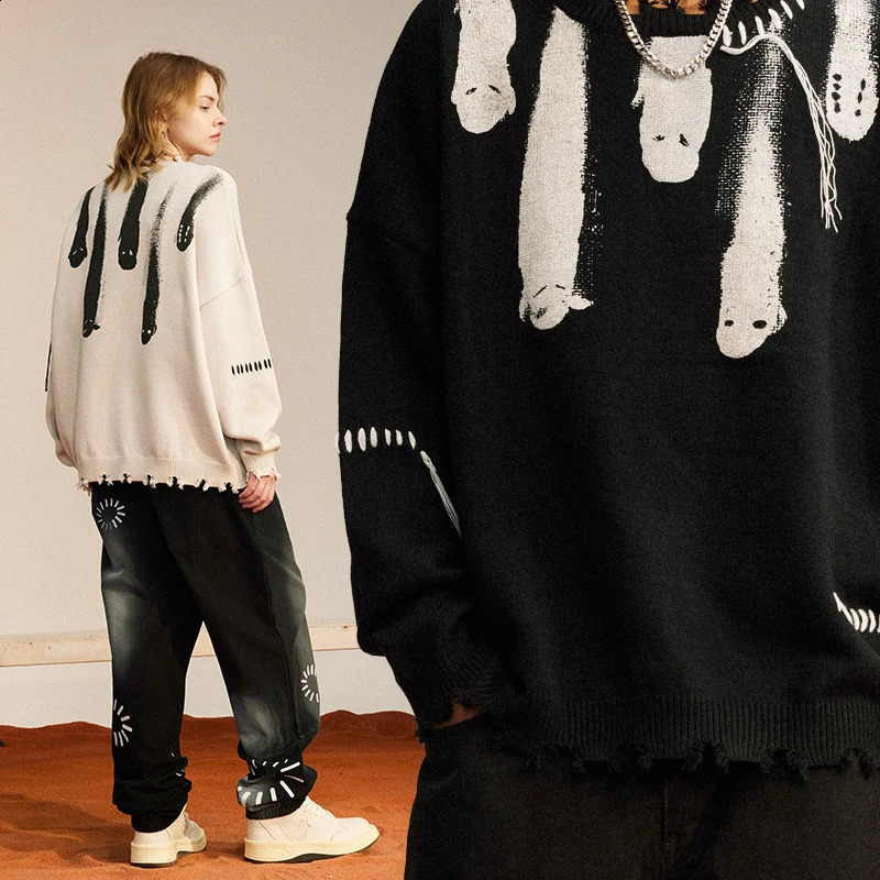 Hip Hop Y2K Streetwear Sweaters for Men Tassel Grunge Ripped Ghost Print Knitted Jumpers Harajuku Casual Pullovers Sweaters Men 240821