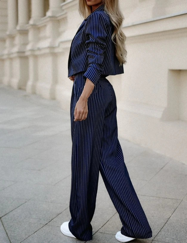 Two Piece Set Woman Short Blazer and Pants Set Elegant Long Sleeve Notched Collar Striped Work Coat Straight Leg Pants Suit 240814