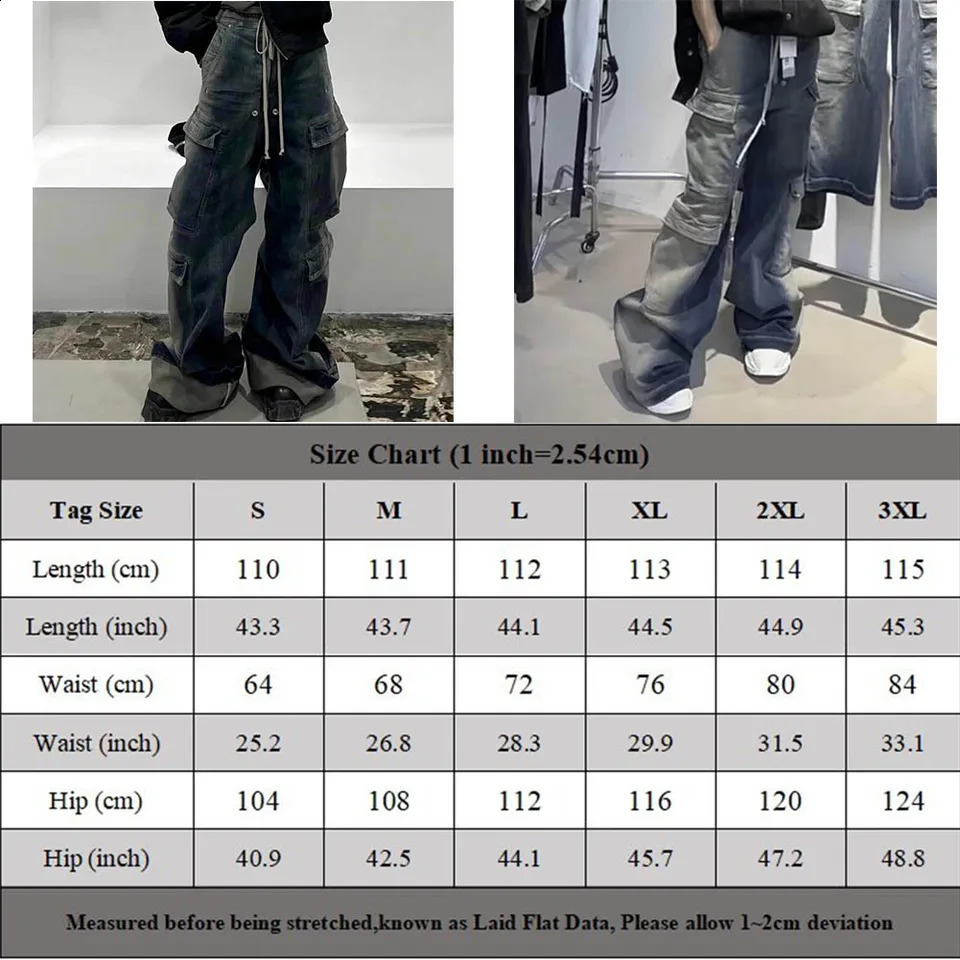 Men Pants Gradient Jeans Multi-pockets Drawstring Oversized Polyester Ribbons Streetwear 1 Pc Baggy Comfortable 240814