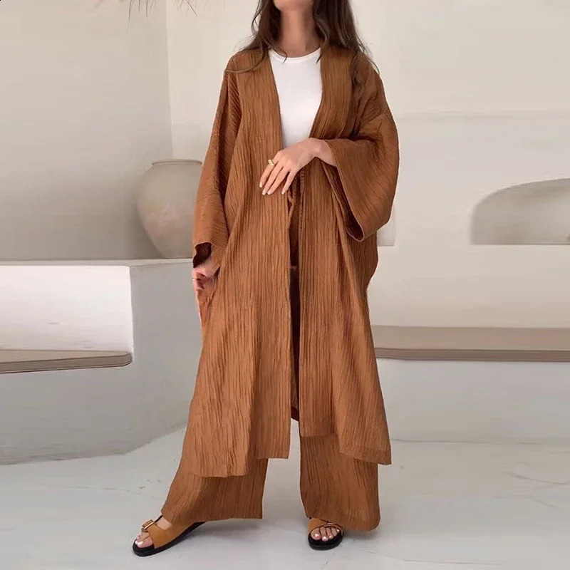 Elegant Female Loose Solid Color Outfits Womens Autumn Suits Lady Pleated Texture TopStraight Casual Pants Two-Piece Sets 240813