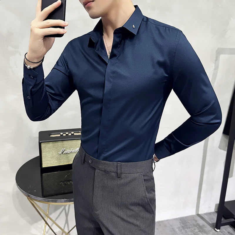 High Quality Solid Dress Shirt Men Simple Long Sleeve Slim Fit Business Shirts Homme Social Casual Shirt Plus Size 4XL-M 240816