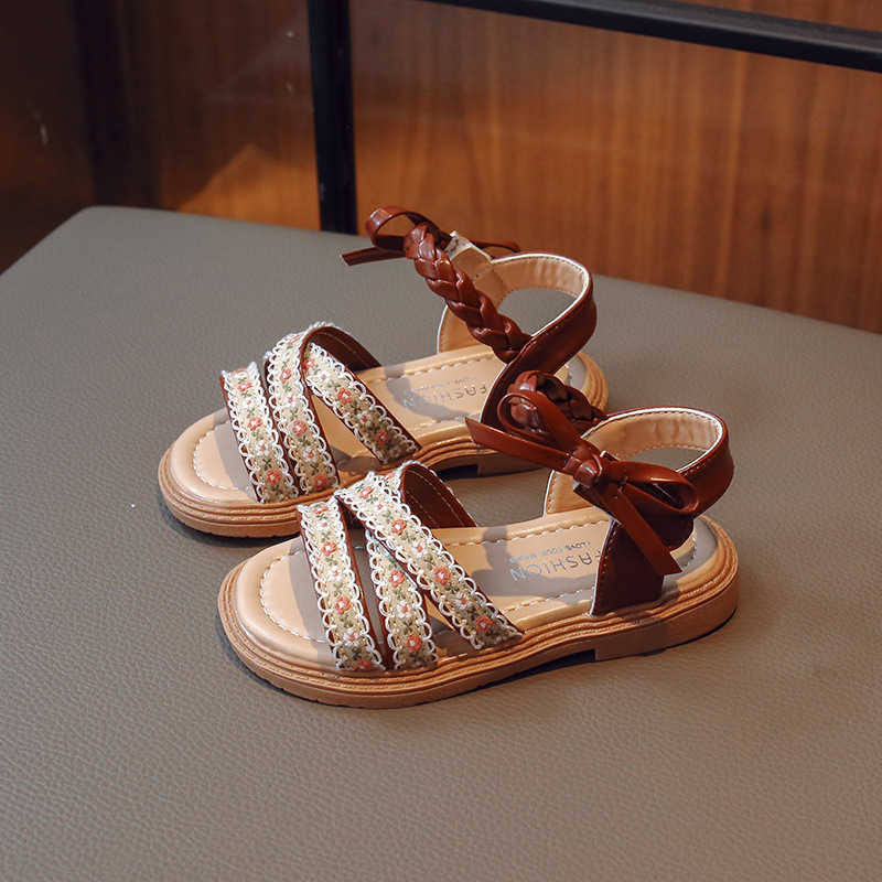 Sneakers Soft leather girls ethnic style sandals childrens open toed Roman shoes 2024 summer new womens baby shoes princess shoes H240805