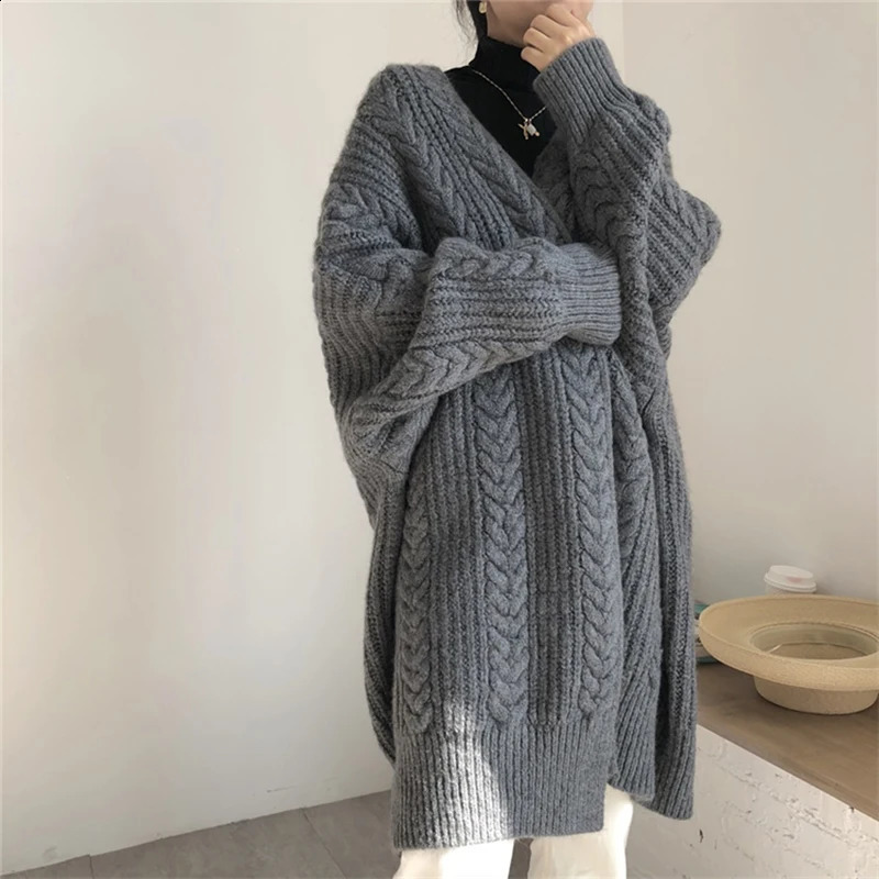 EVNISI Women Loose Warm Long Cardigan Coat Solid Sleeve Knit Thicken Sweater Autumn Winter Streetwear Outerwear 240712