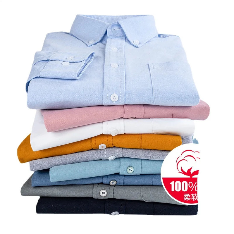 Quality 100% Cotton Oxford Shirt Mens Long Sleeve Casual Comfortable Breathable Button Pocket Men Solid Dress Shirts 240814