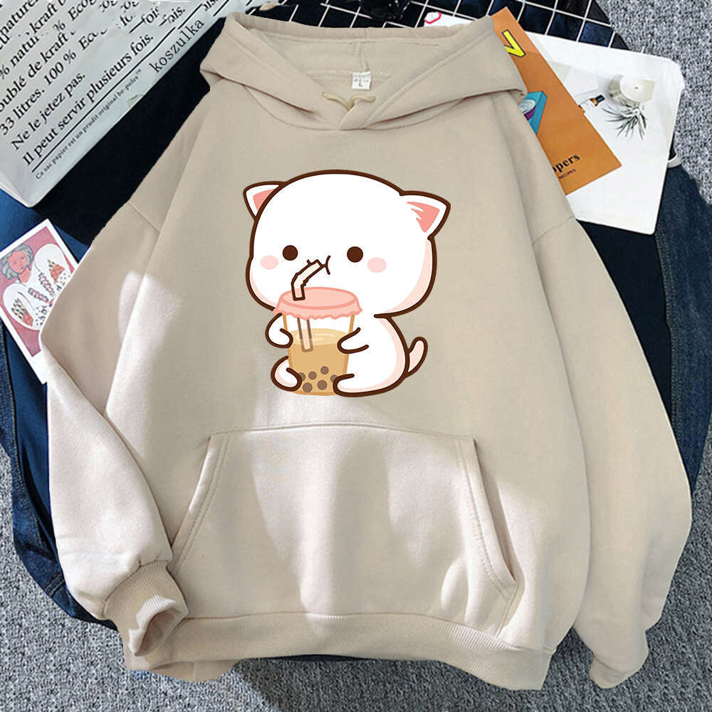 Hoodies Women's Peach And Rubber Haruku Kawaii Sweatshirt Cat Drink Milk Tea Autumn Winter Plus Size Pullover Unisex Clothes