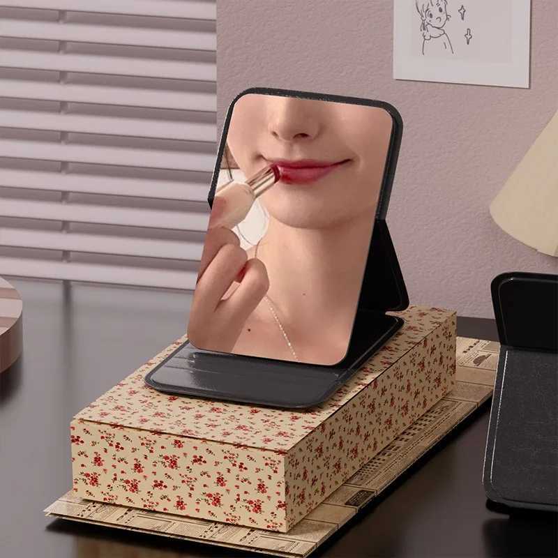 Desktop makeup mirror solid color PU leather simple portable handheld makeup mirror foldable student compact cute pocket mirror W240813