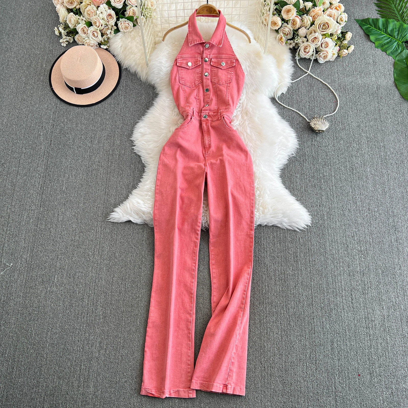 Women Rose Jumpsuit Halter Sleeveless One Breasted Wide Leg Overall Solid Wide Leg Bodysuits for Female Pink Backless Long Jeans 240813