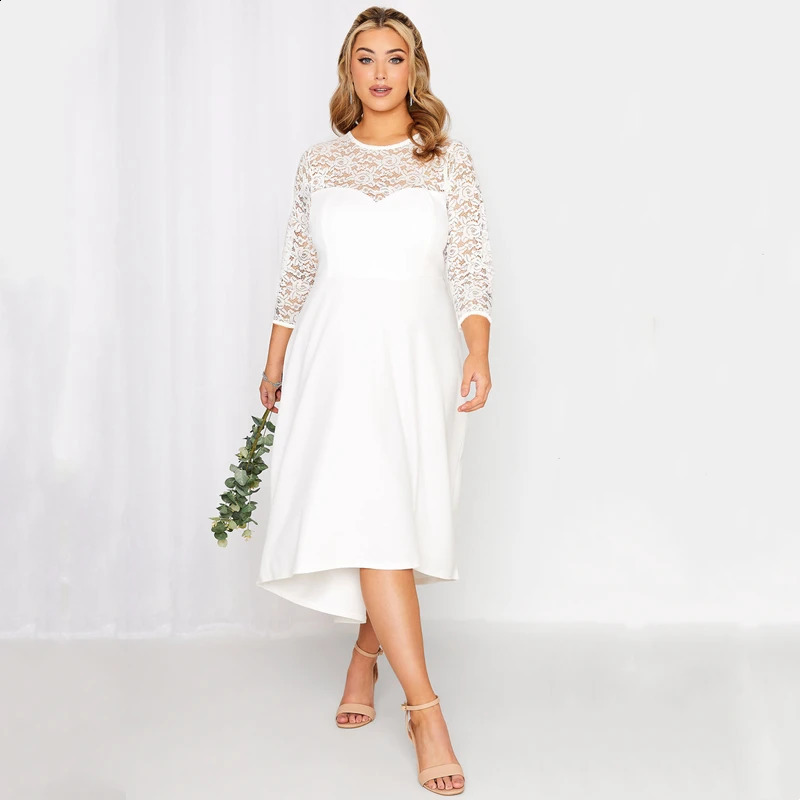 Plus Size 3/4 Lace Sleeve Spring Autumn Elegant Party Dress Women White Flt Flare Midi Dress Large Size Night Out Wedding Dress 240814