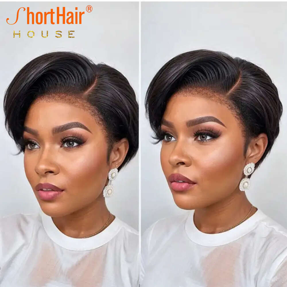 Kinky Edges Pixie Cut Wigs Human Straight Bob Curly Baby Hair 13X4 Transparent Lace Front Wig For Black Women