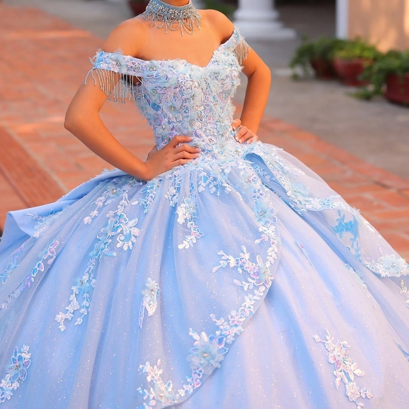 Sky Blue Shiny Princess Ball Gown Elegant Quinceanera Dress Classic Sequined Applique Lace Beads Bow Sweet 16 Dress Vestido De