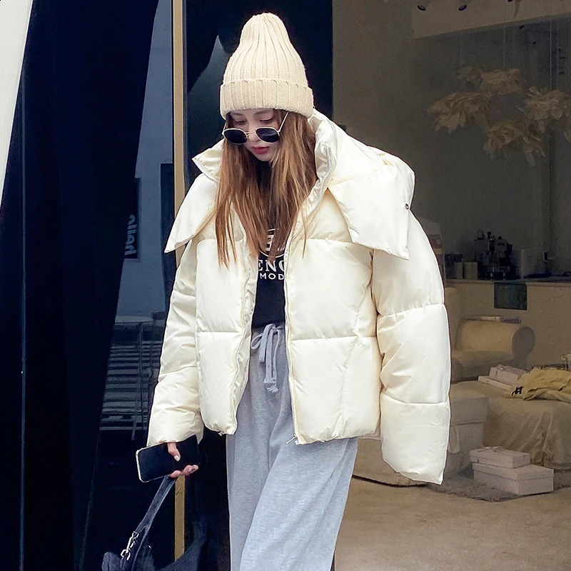 Winter Chic Hooded Down Cotton Puffer Parka Coats Women Loose Solid Thicken Warm Jacket Female Fashion Zippers Outwear 240813