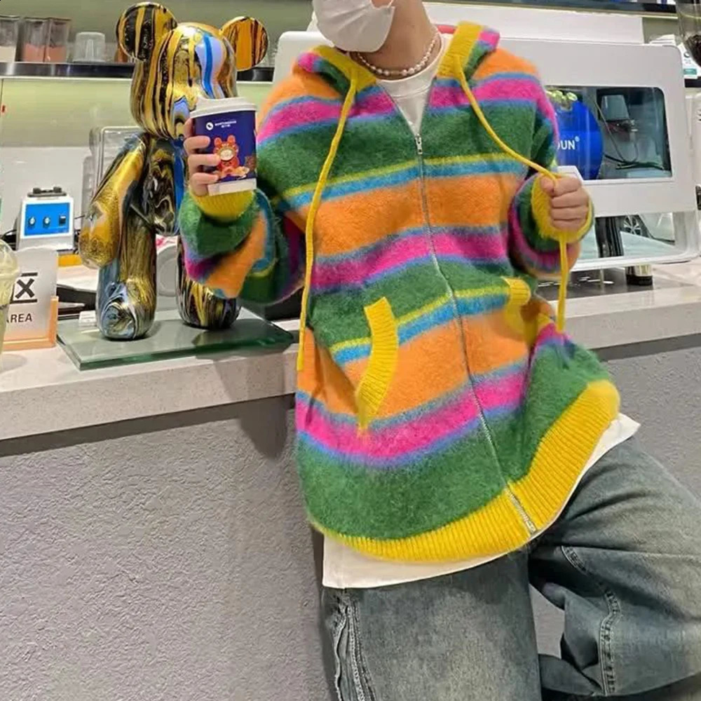Mens Street Y2k Colorful Striped Knitted Hooded Jacket Autumn Winter Genderless Korean Version Lazy Style Casual Sweater Unisex 240814