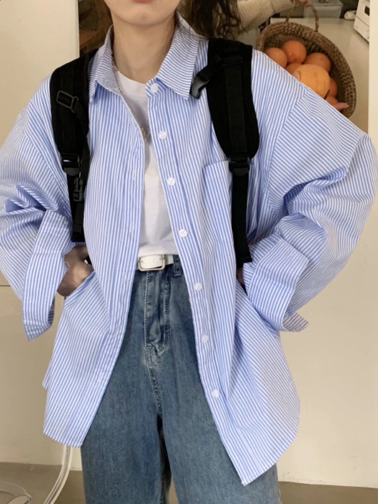 S-5XL Women Shirts Stripped Baggy American Preppy Style Pocket Trendy Versatile Elegant Streetwear Students Daily Cozy Aesthetic 240814