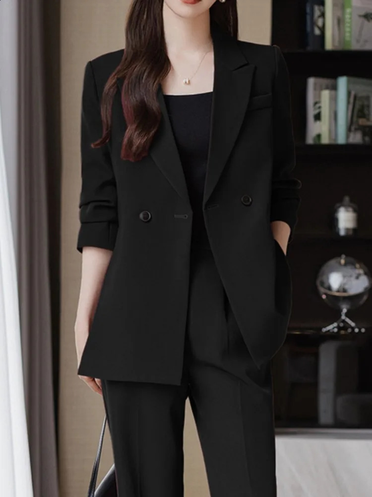 Korean Fashion Elegant Solid Women Blazer Pantsuit Casual Vintage Chic Suit Jackets Straight Pants 2 Pieces Set Female Outfits 240813