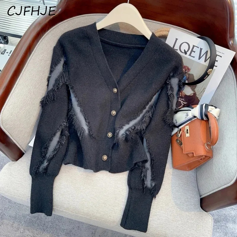 CJFHJE V-Neck Metal Button Knitted Women Fashion Tassel Bottom Cardigan Sweater Coat Casual Solid Color Womens Sweater 240813