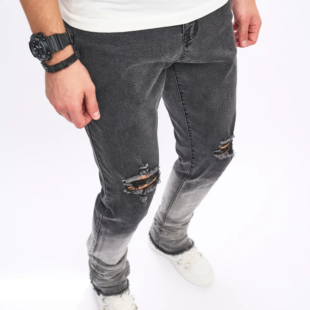 Fashion Gradient Color Men High Street Holes Slim Stretch Jeans Male Ripped Distressed Micro flared Denim Pants Mens Trousers 240814