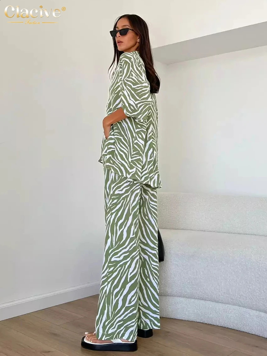 Clacive Summer Loose Zebra Print 2 Piece Sets Women Outfit Elegant Short Sleeve Shirts Matching High Waist Pants Set Female 240813