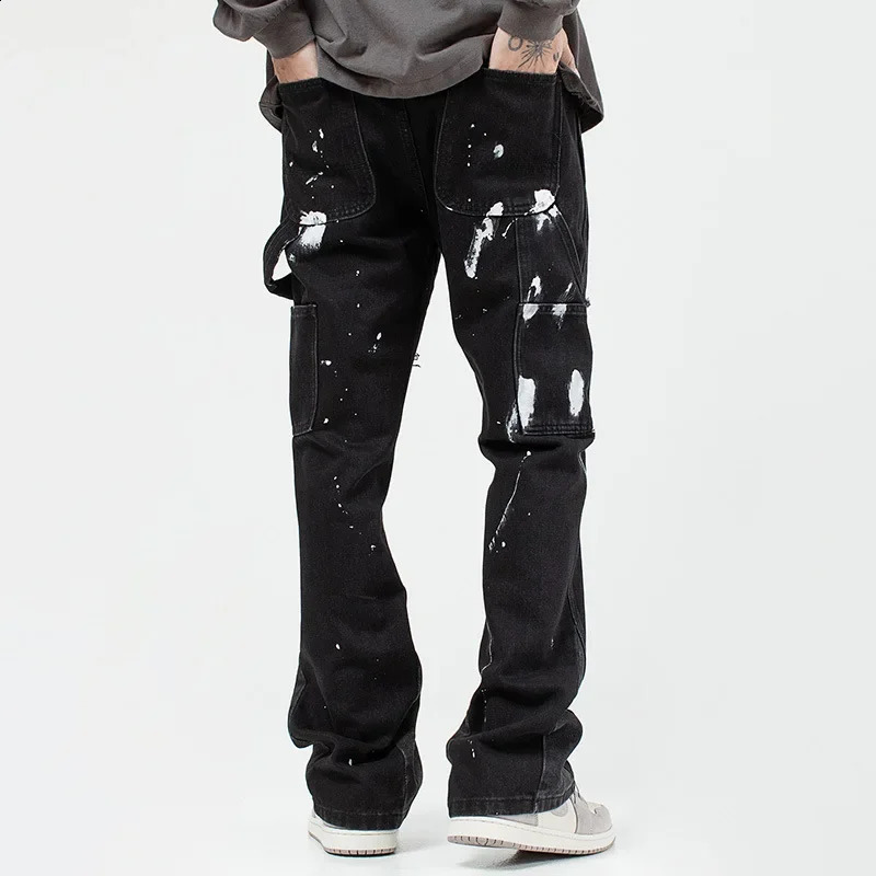 Fashionable American washed denim slim smooth silhouette cargo pants mens hip-hop style sparkling bottom240813