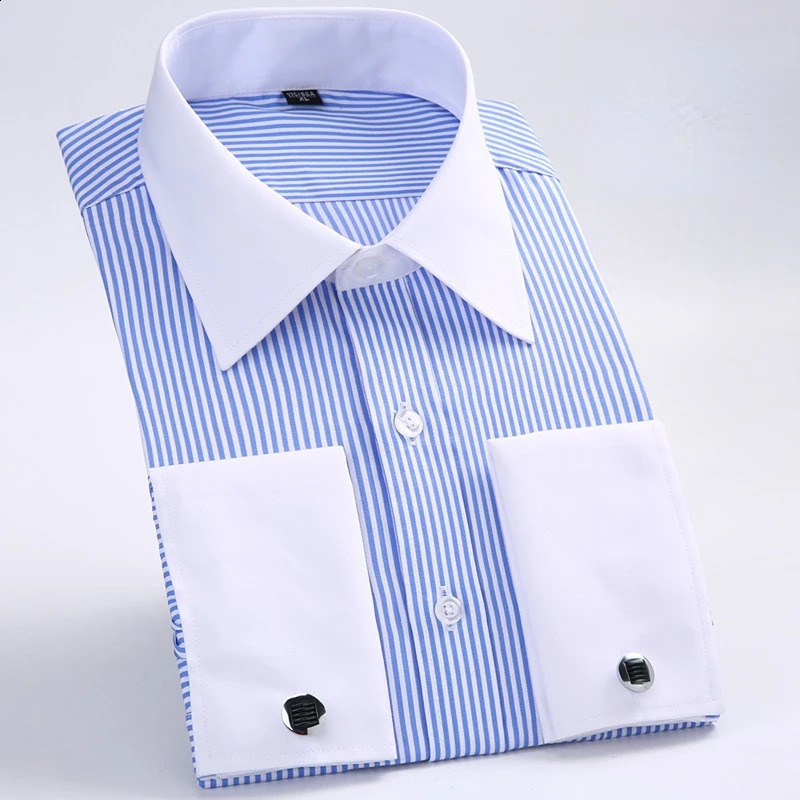 Quality Gentle Formal Mens French Cuff Dress Shirt Men Long Sleeve Solid Striped Style Mens Shirts Cufflink Include Plus Size 240814