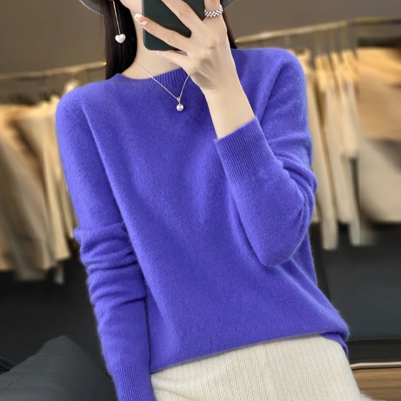 100% pure wool cashmere sweater womens O-neck pullover casual knit top autumn and winter womens coat Korean fashion 240813