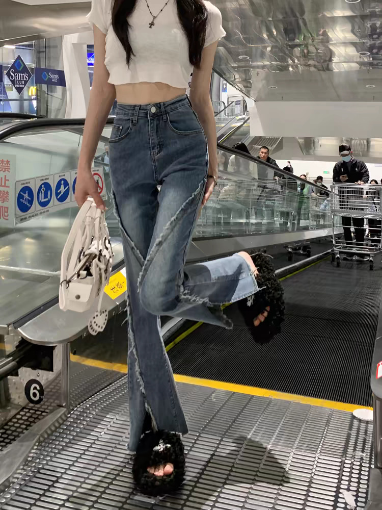 Blue stretch split jeans for women in spring and autumn, straight leg, slimming, plus size, fat, mm, high waist, slightly flared pear shaped figure pa