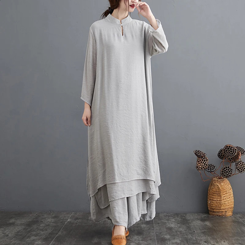 Johnature Spring 2024 Women Two Piece Set LongTop And Pants Chinen Style O-neck Elastic Waist Wide Leg Pants Sets 240813