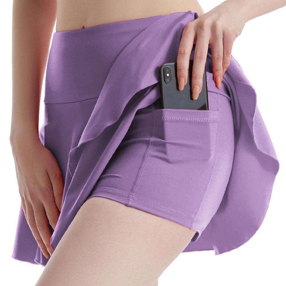 Women Tennis Golf With Pockets Solid Color Pleated Fake Two Yoga Dress Breathable Girl Athletic Workout Sports Skirt