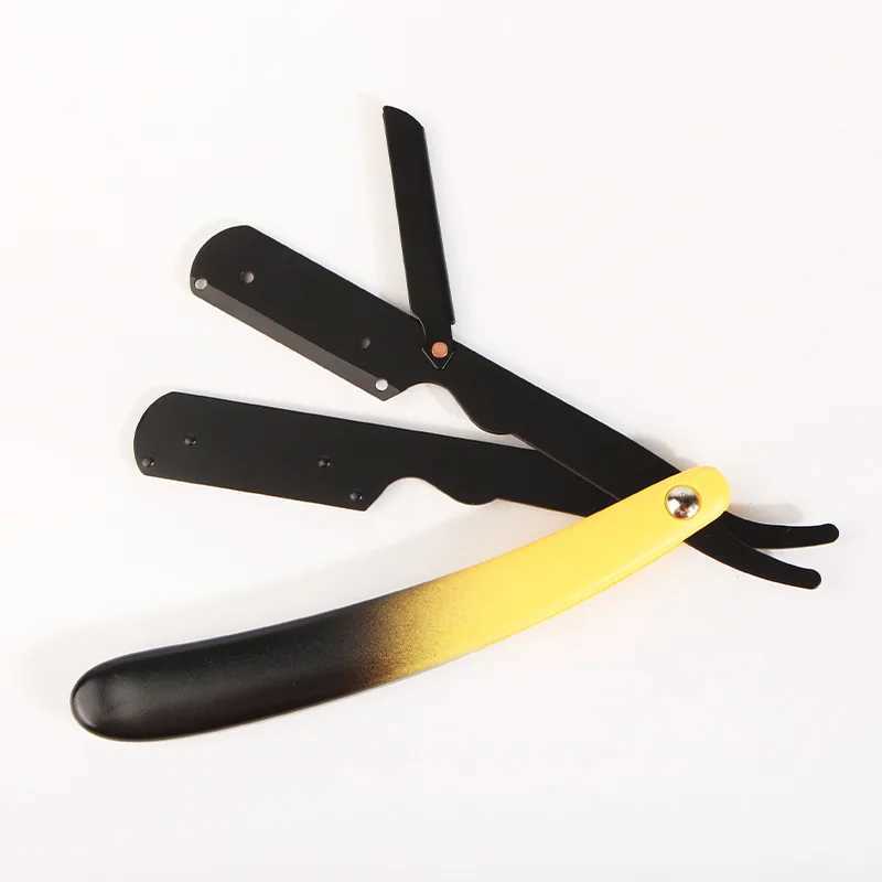 Stainless Steel Straight Edge Razor Yellow ABS Handle Barber Shop Beard And Hair Trimmer Portable Manual Folding Shaving HolderM240814